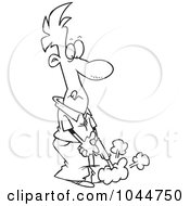 Royalty Free RF Clip Art Illustration Of A Cartoon Black And White Outline Design Of A Man Shooting His Own Foot by toonaday