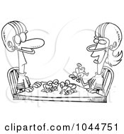 Royalty Free RF Clip Art Illustration Of A Cartoon Black And White Outline Design Of A Husband And Wife Playing Table Football