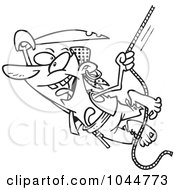 Royalty Free RF Clip Art Illustration Of A Cartoon Black And White Outline Design Of An Attacking Pirate Swinging On A Rope