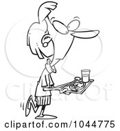 Poster, Art Print Of Cartoon Black And White Outline Design Of A Woman Carrying Cafeteria Food