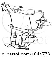 Poster, Art Print Of Cartoon Black And White Outline Design Of A Formal Waiter Serving A Cupcake