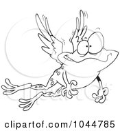 Royalty Free RF Clip Art Illustration Of A Cartoon Black And White Outline Design Of A Flying Winged Frog