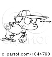 Royalty Free RF Clip Art Illustration Of A Cartoon Black And White Outline Design Of A Focused Boy Pitching A Baseball