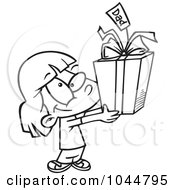Poster, Art Print Of Cartoon Black And White Outline Design Of A Cute Girl Holding A Fathers Day Gift