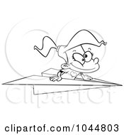 Cartoon Black And White Outline Design Of A Girl Flying In A Paper Plane