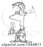 Royalty Free RF Clip Art Illustration Of A Cartoon Black And White Outline Design Of A Fly Buzzing Around A Businessman Holding Coffee