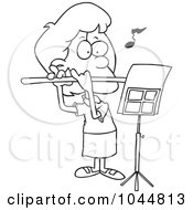 Royalty Free RF Clip Art Illustration Of A Cartoon Black And White Outline Design Of A Flautist Girl by toonaday