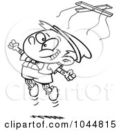Cartoon Black And White Outline Design Of A Free Wooden Puppet Boy Jumping