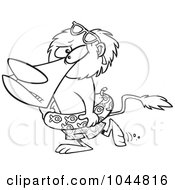 Royalty Free RF Clip Art Illustration Of A Cartoon Black And White Outline Design Of A Nervous Lion Wearing An Inner Tube