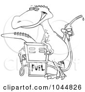 Cartoon Black And White Outline Design Of A Dinosaur Standing By A Gas Pump