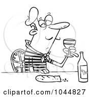 Royalty Free RF Clip Art Illustration Of A Cartoon Black And White Outline Design Of A French Man With Wine And Bread by toonaday