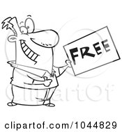 Royalty Free RF Clip Art Illustration Of A Cartoon Black And White Outline Design Of A Man Holding A Free Sign by toonaday