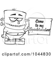 Royalty Free RF Clip Art Illustration Of A Cartoon Black And White Outline Design Of A Frankenstein Boy Holding A Come To My Spooktacular Party Sign