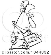 Poster, Art Print Of Cartoon Black And White Outline Design Of A Businessman Wearing A For Sale Sign On His Neck