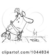 Royalty Free RF Clip Art Illustration Of A Cartoon Black And White Outline Design Of A Hot Man Watching An Egg Fry On A Sidewalk
