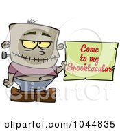 Poster, Art Print Of Cartoon Frankenstein Boy Holding A Come To My Spooktacular Party Sign
