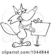 Royalty Free RF Clip Art Illustration Of A Cartoon Black And White Outline Design Of A Fox Presenting A Blank Sign