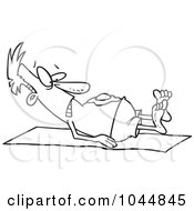 Royalty Free RF Clip Art Illustration Of A Cartoon Black And White Outline Design Of A Sun Burned Man With A Fried Egg On His Belly