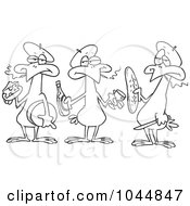 Royalty Free RF Clip Art Illustration Of A Cartoon Black And White Outline Design Of Three French Hens