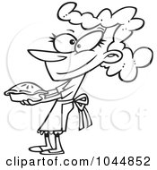 Poster, Art Print Of Cartoon Black And White Outline Design Of A Woman Holding Out A Fresh Pie