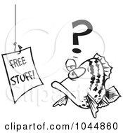 Poster, Art Print Of Cartoon Black And White Outline Design Of A Fish Staring At A Free Stuff Sign