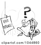 Royalty Free RF Clip Art Illustration Of A Cartoon Black And White Outline Design Of A Fish Staring At A Free Stuff Sign