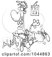Poster, Art Print Of Cartoon Black And White Outline Design Of A Man Slipping On A Banana Peel On Friday The 13th