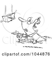 Cartoon Black And White Outline Design Of A Man Running To Catch A Fragile Package