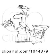 Royalty Free RF Clip Art Illustration Of A Cartoon Black And White Outline Design Of A Man Holding A Fragile Item And Mangled Box by toonaday