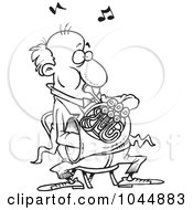 Cartoon Black And White Outline Design Of A Man Blowing Into A French Horn