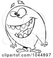 Royalty Free RF Clip Art Illustration Of A Cartoon Black And White Outline Design Of A Friendly Monster
