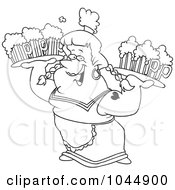 Cartoon Black And White Outline Design Of A Beer Maiden Carrying Trays