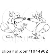 Poster, Art Print Of Cartoon Black And White Outline Design Of A Romantic Fox Giving His Mate A Flower