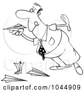 Cartoon Black And White Outline Design Of A Businessman Playing With Paper Planes