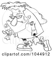 Royalty Free RF Clip Art Illustration Of A Cartoon Black And White Outline Design Of Frankenstein Carrying A Bag And Bone