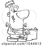 Royalty Free RF Clip Art Illustration Of A Cartoon Black And White Outline Design Of Frankenstein Holding A Treat Bag