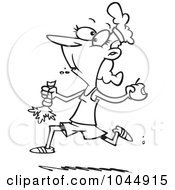Royalty Free RF Clip Art Illustration Of A Cartoon Black And White Outline Design Of A Female Jogger Eating Her Fruits And Veggies