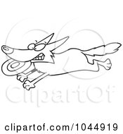Poster, Art Print Of Cartoon Black And White Outline Design Of A Dog Running With A Frisbee