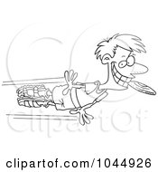 Poster, Art Print Of Cartoon Black And White Outline Design Of A Man Catching A Frisbee In His Mouth