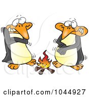 Poster, Art Print Of Cartoon Penguins Warming Up By A Fire
