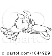 Royalty Free RF Clip Art Illustration Of A Cartoon Black And White Outline Design Of A Leaping Dog Catching A Frisbee by toonaday