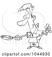 Royalty Free RF Clip Art Illustration Of A Cartoon Black And White Outline Design Of A Man Wearing An Apron And Cooking Eggs