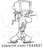 Poster, Art Print Of Cartoon Black And White Outline Design Of A Frustrated Businessman Throwing A Computer Monitor