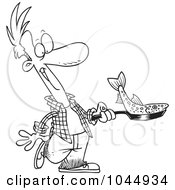 Royalty Free RF Clip Art Illustration Of A Cartoon Black And White Outline Design Of A Man Frying A Fish by toonaday