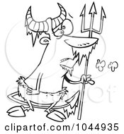 Cartoon Black And White Outline Design Of A Frozen Faun Holding A Trident