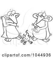 Royalty Free RF Clip Art Illustration Of A Cartoon Black And White Outline Design Of Penguins Warming Up By A Fire