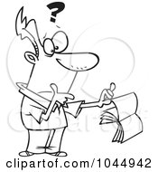 Poster, Art Print Of Cartoon Black And White Outline Design Of A Confused Man Holding A Book