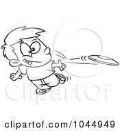 Poster, Art Print Of Cartoon Black And White Outline Design Of A Boy Tossing A Frisbee