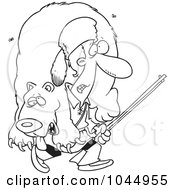 Cartoon Black And White Outline Design Of A Frontiersman Carrying A Bear