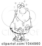 Poster, Art Print Of Cartoon Black And White Outline Design Of A Man Holding His Full Tummy